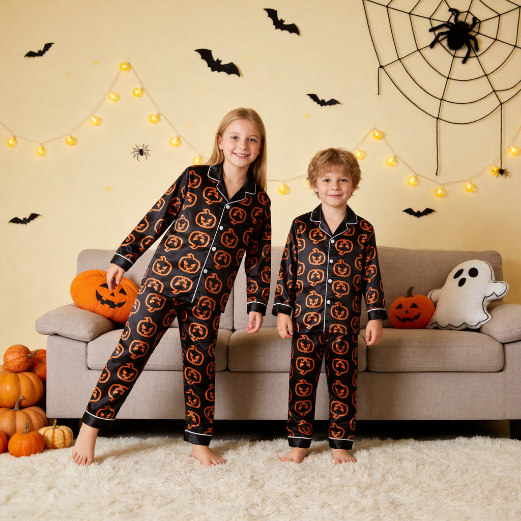 Black Orange Jack-O-Lantern Print Satin Button-Up Family Halloween Pajamas Set