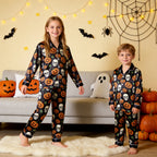 Black Skull & Pumpkin Print Satin Button-Up Family Halloween Pajamas Set