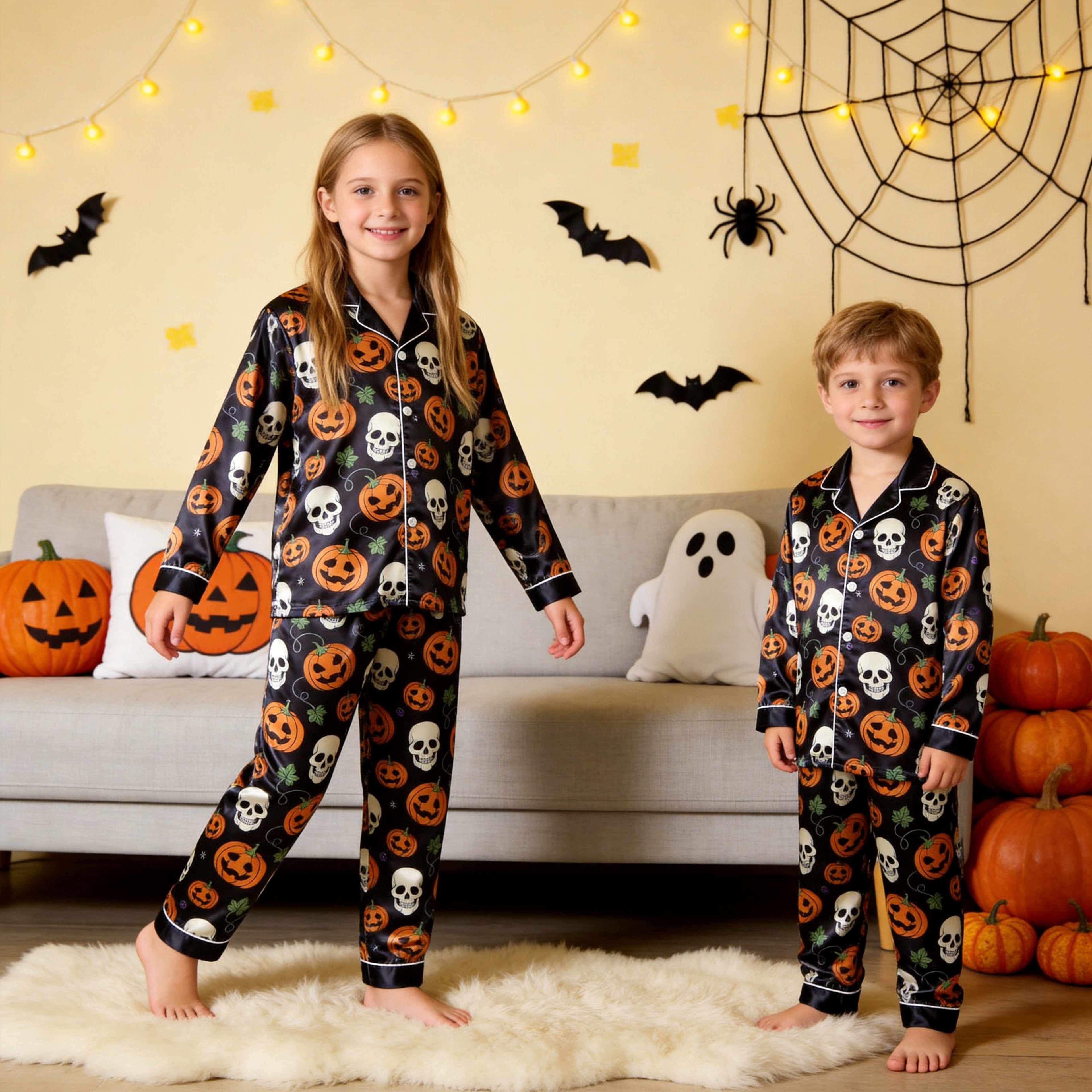 Black Skull & Pumpkin Print Satin Button-Up Family Halloween Pajamas Set
