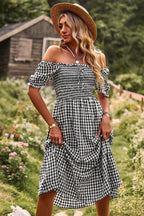 Plaid Square Collar Short Sleeve Midi Dress