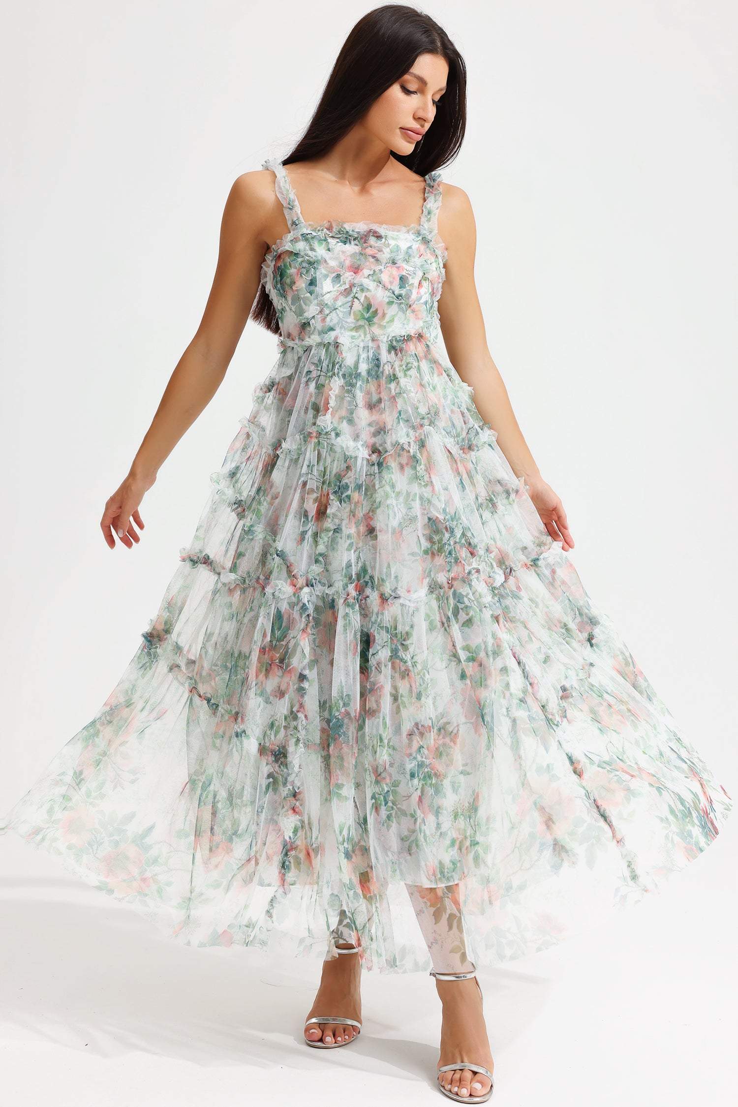 Floral Cami Tapered Waist Frill Hem Midi Dress Green