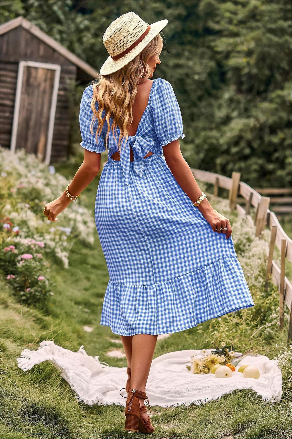 Plaid Square Collar Short Sleeve Midi Dress