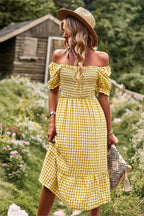 Plaid Square Collar Short Sleeve Midi Dress