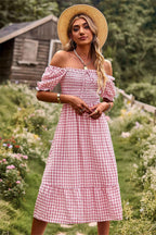Plaid Square Collar Short Sleeve Midi Dress