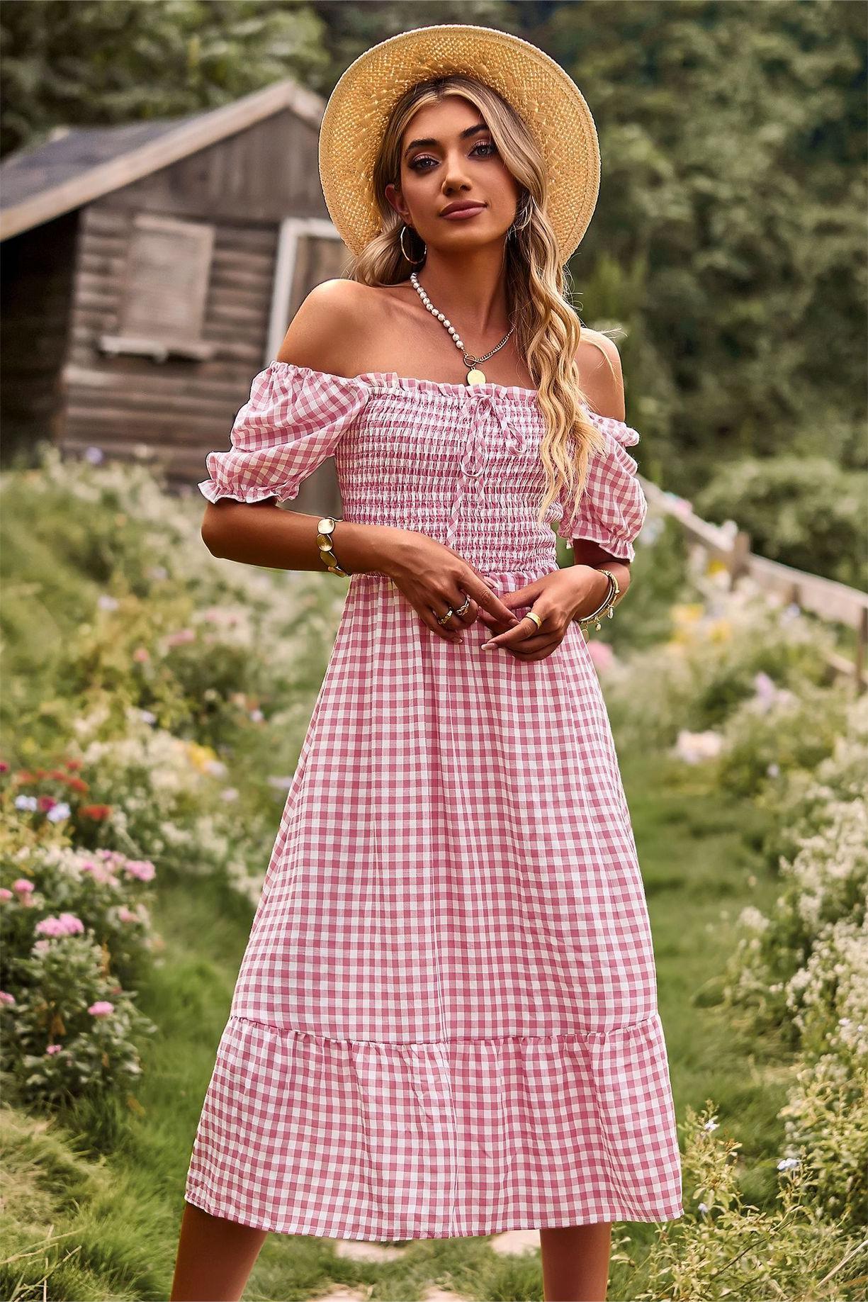 Plaid Square Collar Short Sleeve Midi Dress