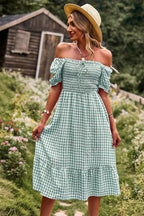Plaid Square Collar Short Sleeve Midi Dress