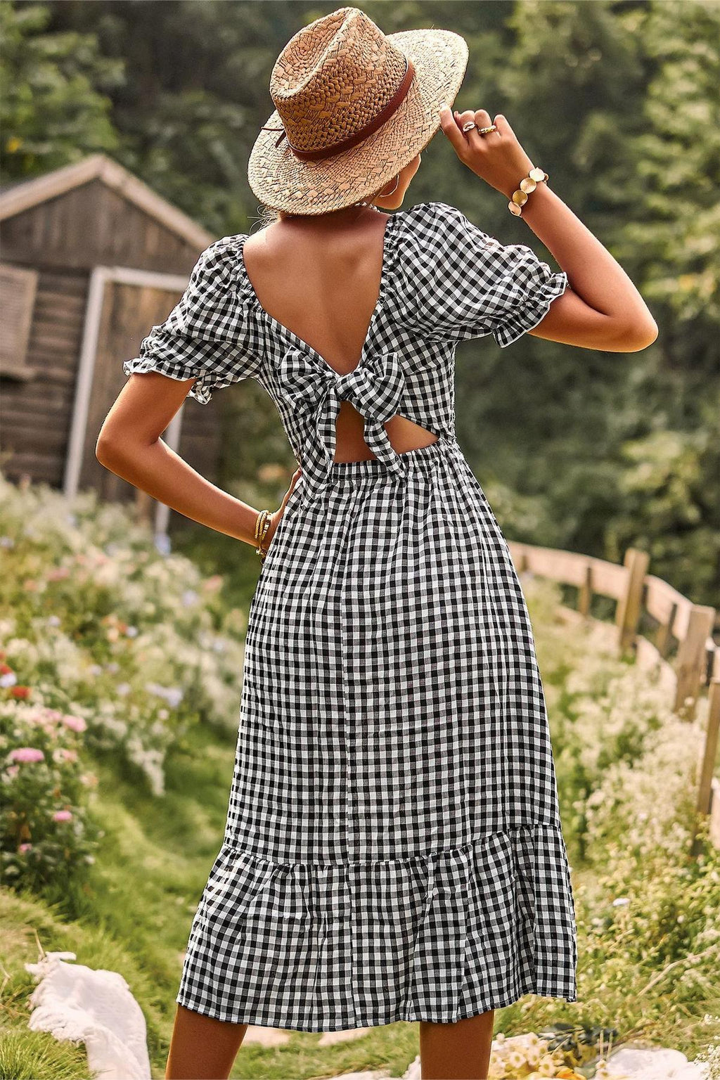 Plaid Square Collar Short Sleeve Midi Dress