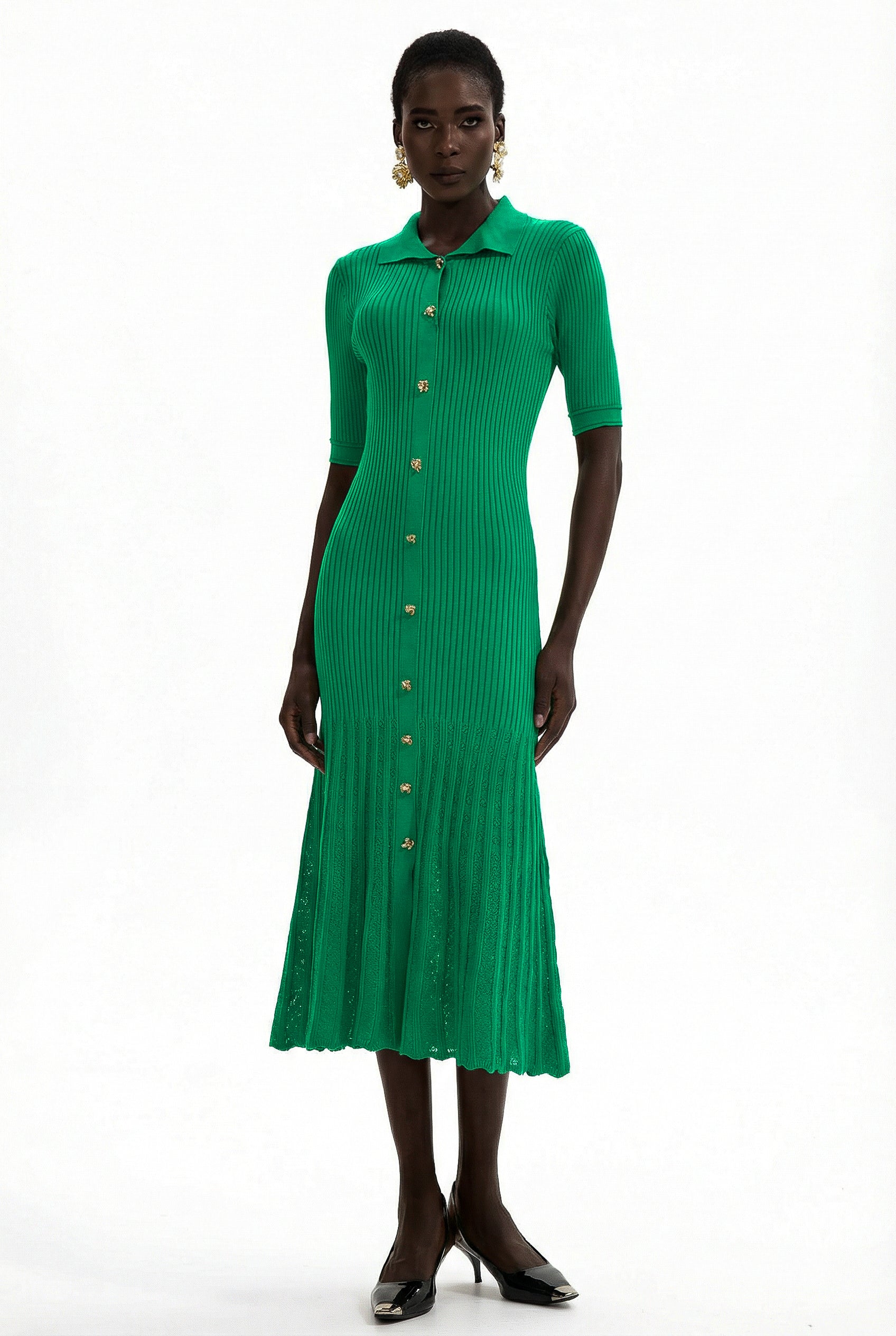 Jersey Flapped Metal Button Midi Dress