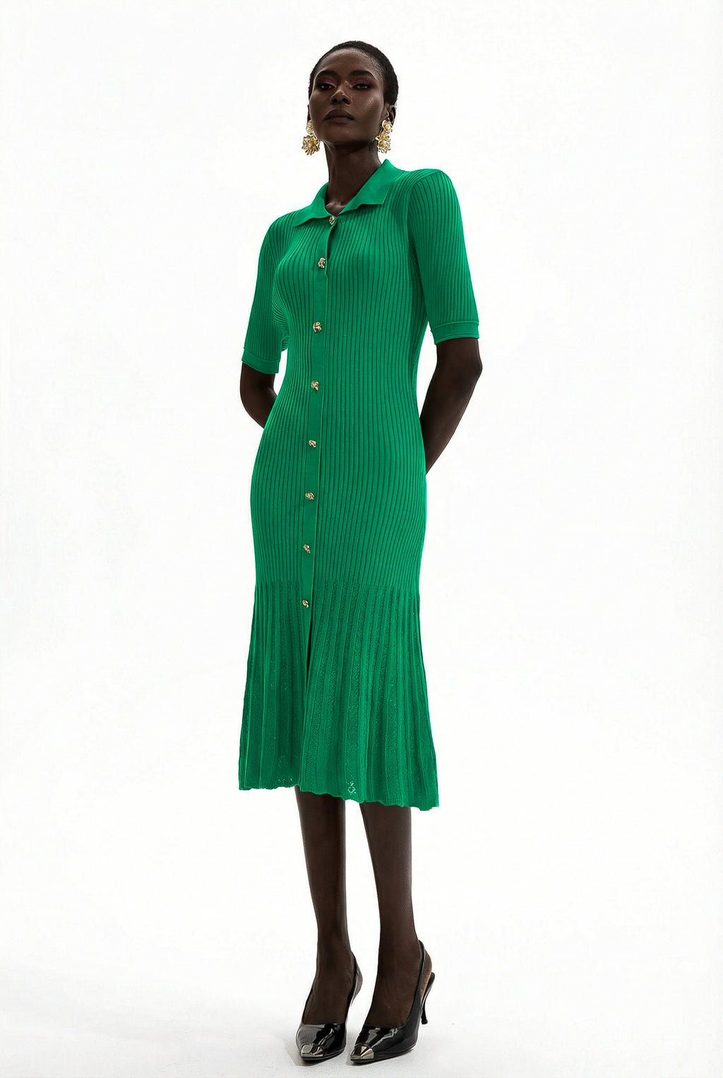 Jersey Flapped Metal Button Midi Dress