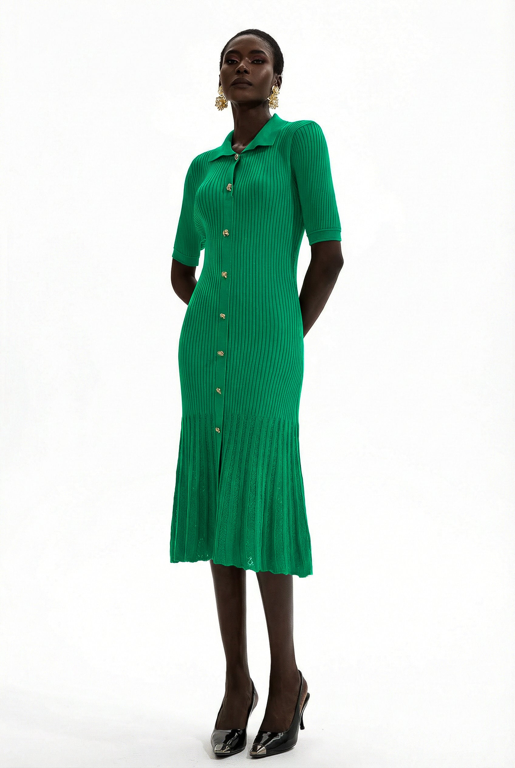 Jersey Flapped Metal Button Midi Dress