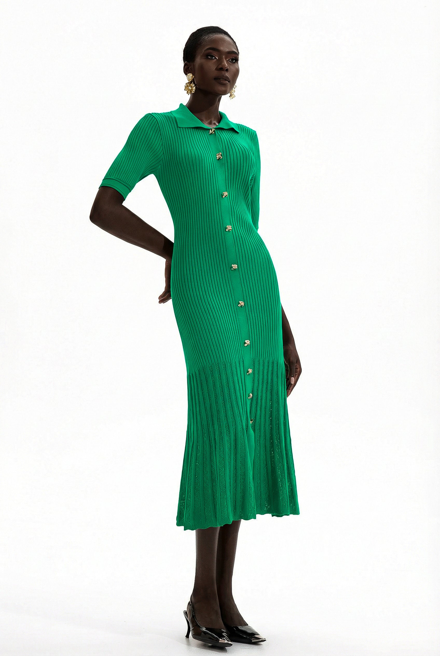 Jersey Flapped Metal Button Midi Dress