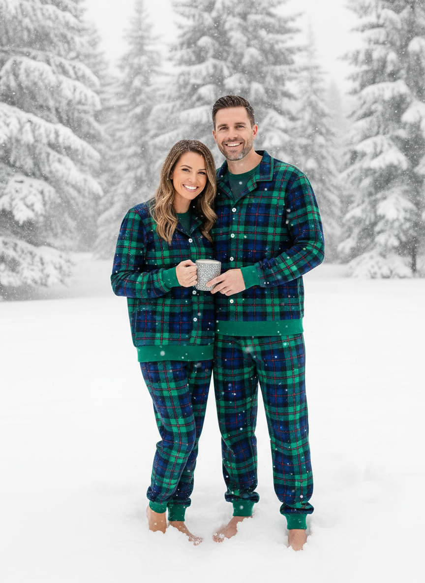 Cozy Green Plaid Button-Up Christmas PJs for Couple