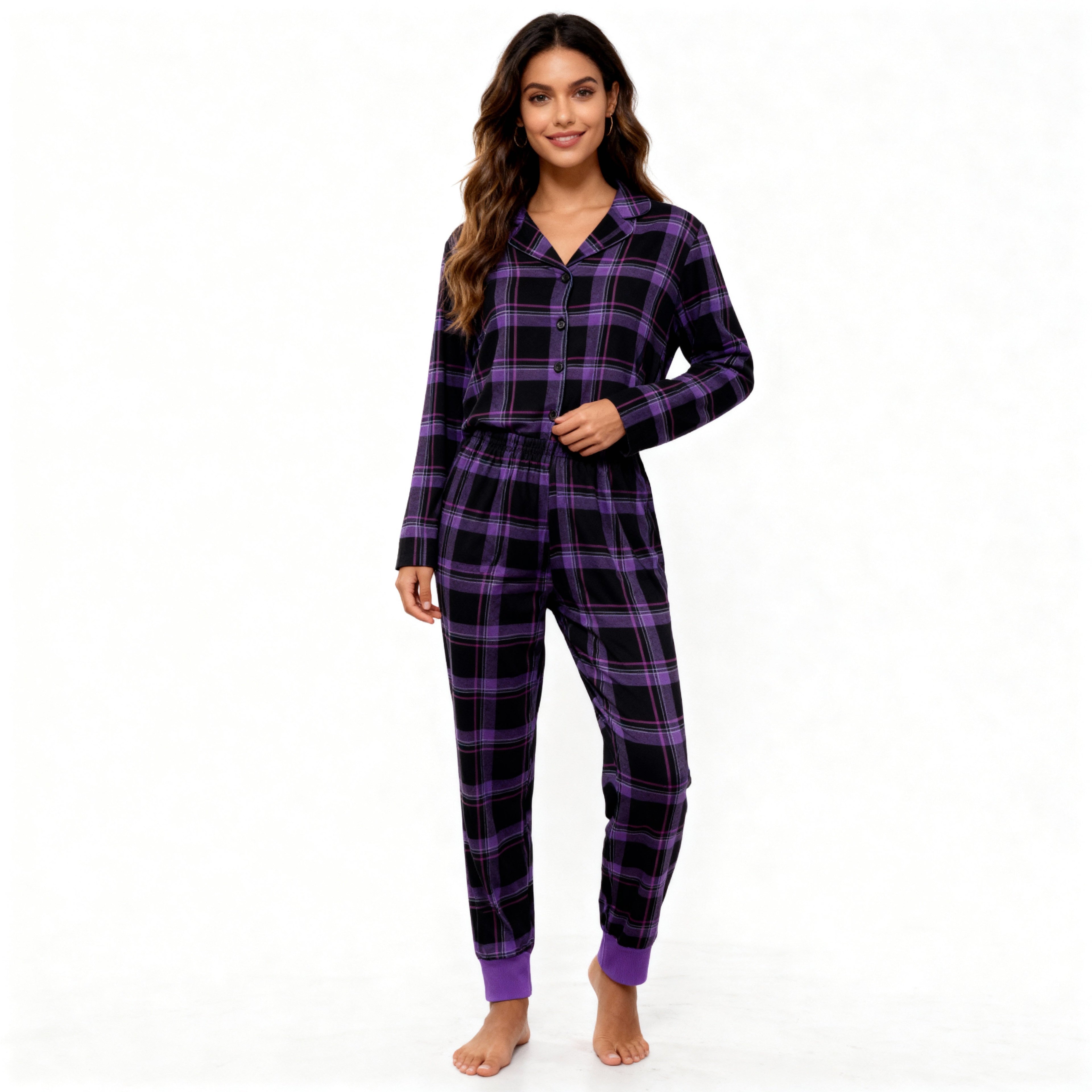 Christmas Purple Plaid Button-Front Pajamas Couple Pajamas Sets