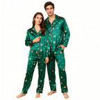 Holiday Family Button-down Green Satin Christmas Pajamas Set