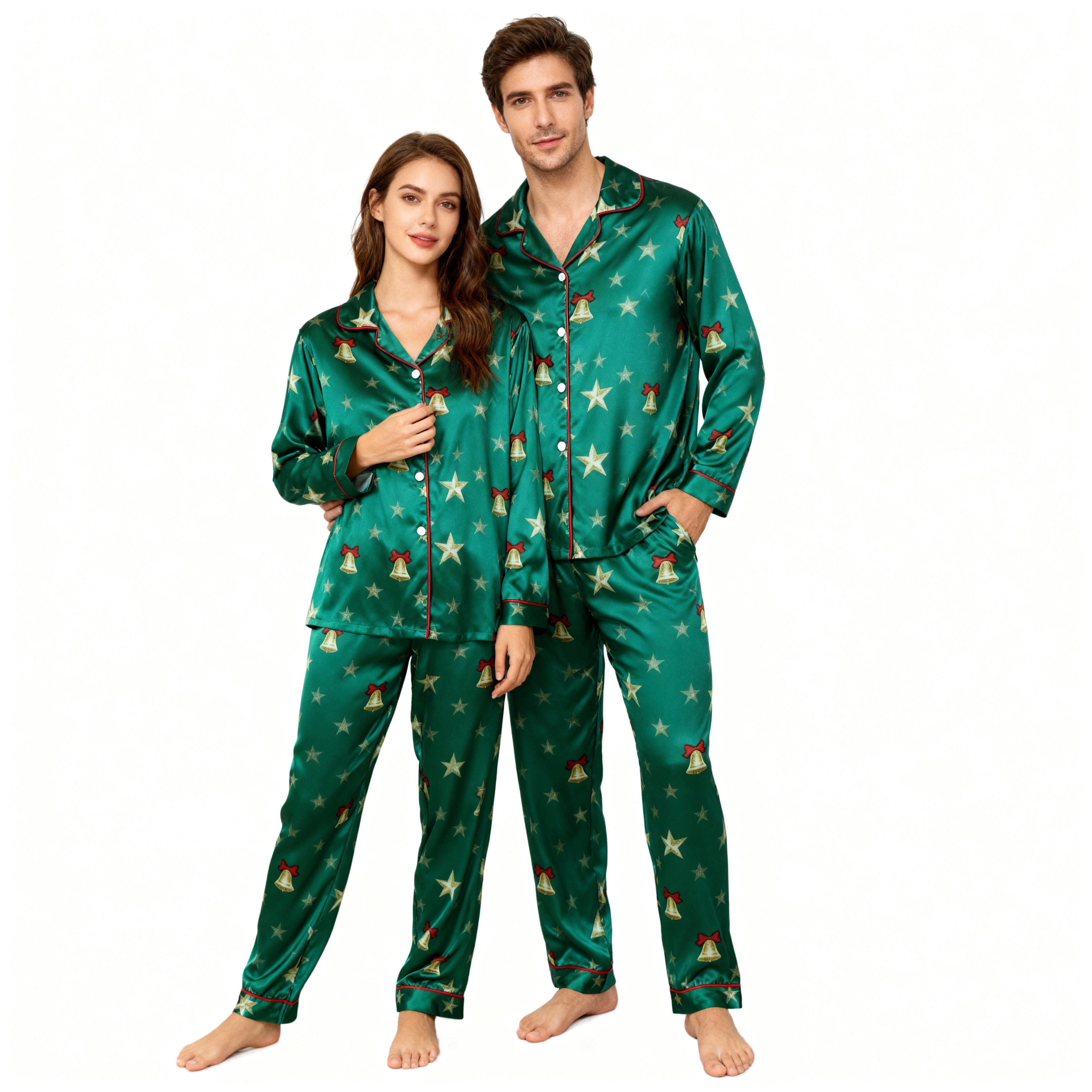 Holiday Family Button-down Green Satin Christmas Pajamas Set