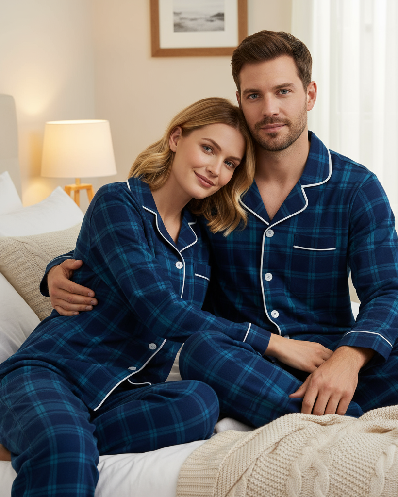 Family Christmas Blue Plaid Button-Front Pajamas Sets