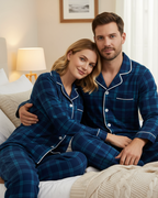 Couple Christmas Blue Plaid Button-Front Pajamas Sets