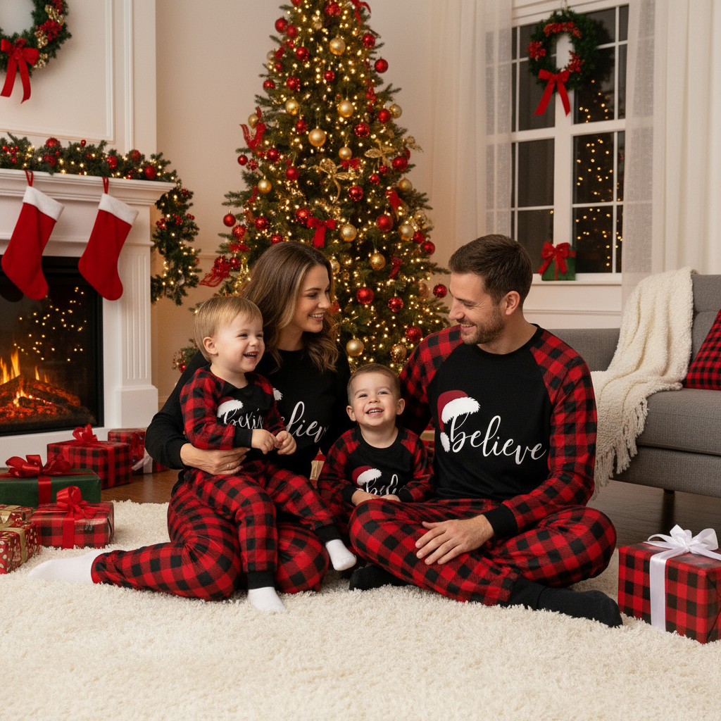 Christmas Hat and ‘Believe“ Letter Print Patterned Contrast Black top and Black & Red Plaid Pants Family Matching Pajamas Set