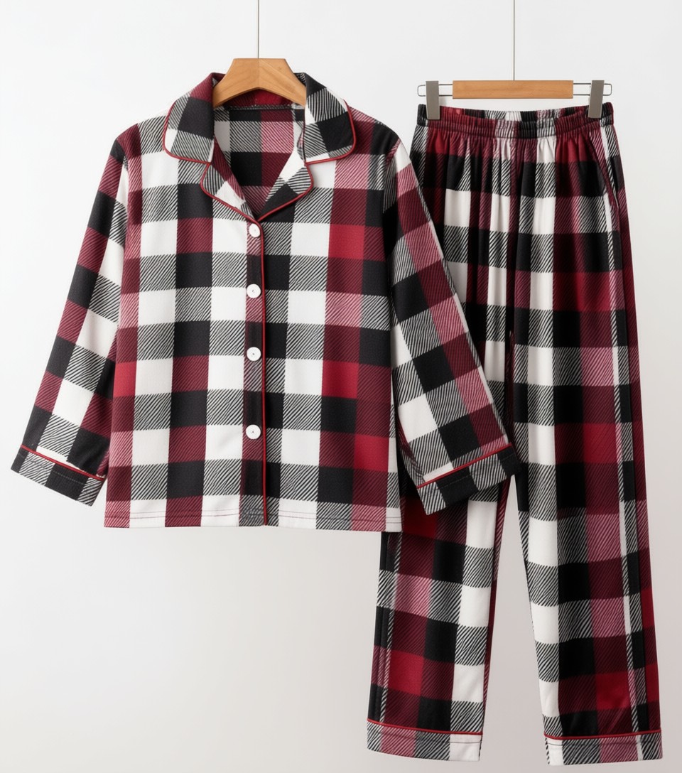 Couple Christmas Red and White Plaid Button-Front Pajamas Sets
