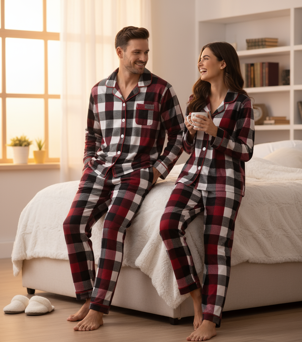 Couple Christmas Red and White Plaid Button-Front Pajamas Sets