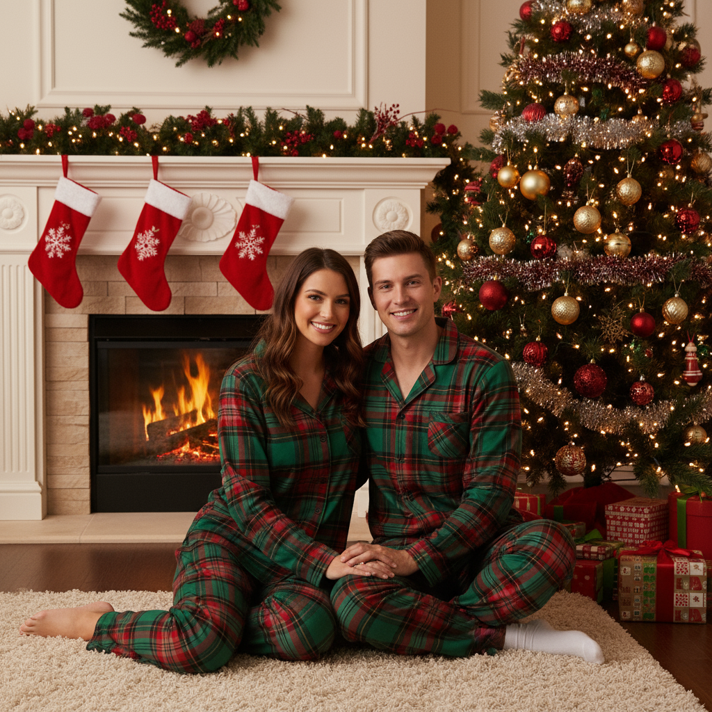 Holiday Couple Green Plaid Christmas Pajamas Set