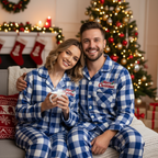 Holiday Couple Button-down Christmas Blue and White Plaid Pajamas Set
