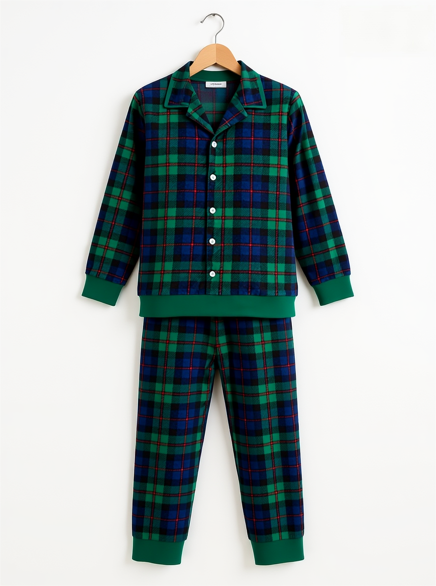 Cozy Green Plaid Button-Up Christmas PJs for Couple