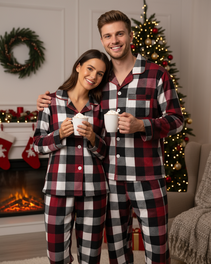 Family Christmas Red and White Plaid Button-Front Pajamas Sets