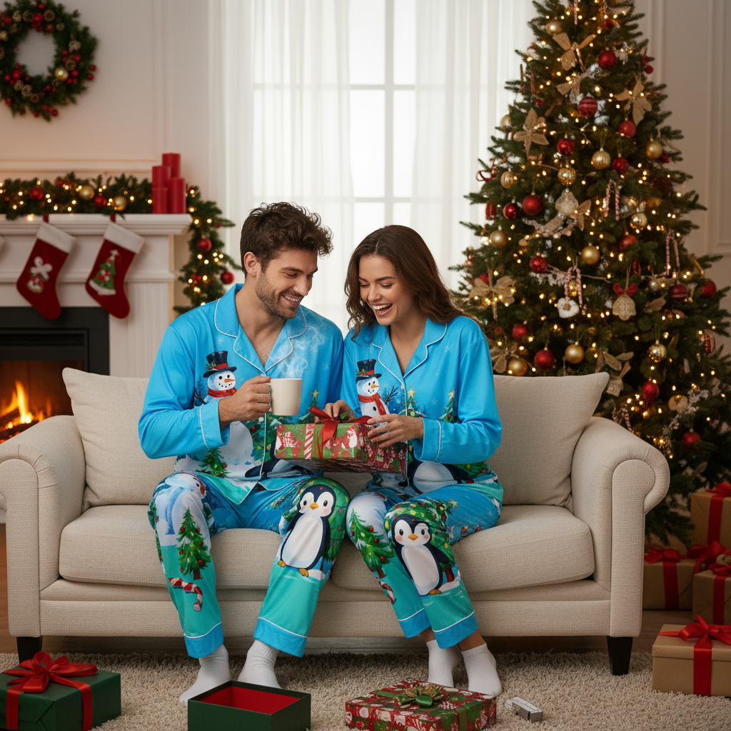 Festive Button-Up Couple Christmas Pajamas Set
