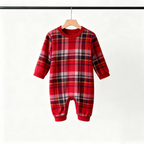 Holiday Pajamas Set for Whole Family – Gray Button-Neck Tee & Red Plaid Pants