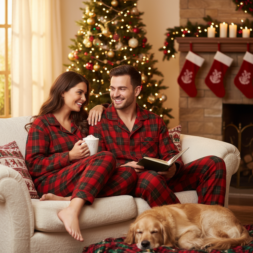 Red and Green Plaid Couple Button Up Long-sleeve Pajamas Sets